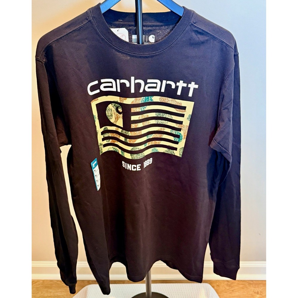 Carhartt Relaxed Fit Long Sleeve Camo American Flag Tee Black M TK5429-M